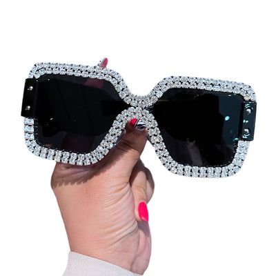 Oversized rectangular sunglasses with black lenses and frames heavily embellished with multiple rows of sparkling rhinestones. - Image 5