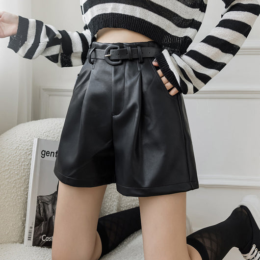 Shorts de Cuero PU Cintura Alta con Cinturón - Estilo A-line Moderno para Mujer - Image 11