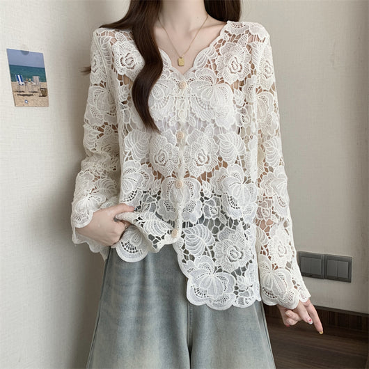 Blusa Larga de Encaje Calado con Mangas Largas para Mujer - Image 19