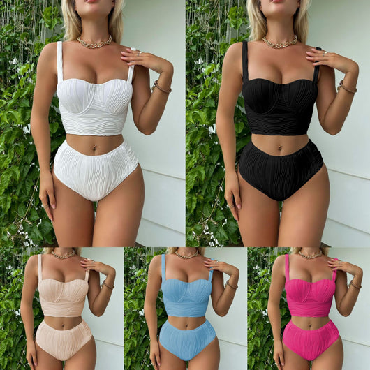 Women's light peach ribbed high-waisted two-piece swimsuit with a bandeau top and wide straps.
