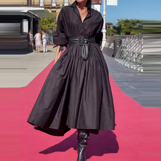 Vestido Camisero Plisado con Mangas Abullonadas - Corte Amplio para Mujer