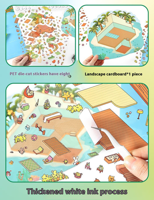 "Sea Studio" extra large landscaping stickers with a three-dimensional cottage island design and various decorative elements. - Image 19