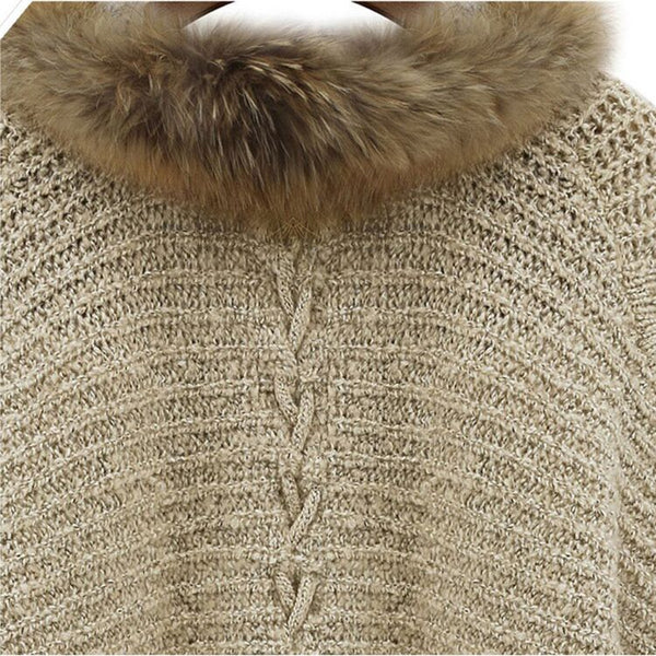 Cardigan Suelto Talla Grande con Cuello de Piel - Suéter Capa Manga Murciélago Otoño Invierno