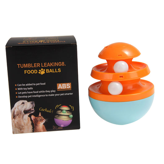 Orange and blue interactive pet food dispenser toy with multiple tiers and white balls, next to its black packaging. - Image 18