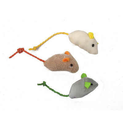 Three plush catnip mouse toys in beige, light gray, and cream, with colorful string tails, on a cartoon-illustrated cardboard backing. - Image 10