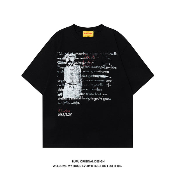 Camiseta Suelta Hip Hop Algodón Puro Estilo Retro Urbano para Hombre
