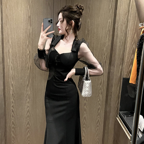 Vestido Largo Cuello Cuadrado Estilo Hepburn con Manga Vuelo - Elegancia Socialité