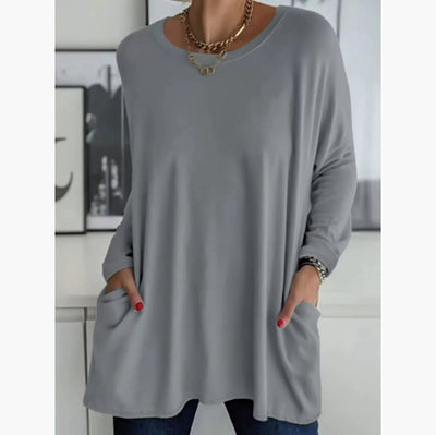Blusa Suelta de Manga Larga y Cuello Redondo con Bolsillos - Colores Sólidos - Image 7