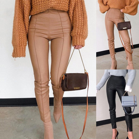 Pantalones de Cuero PU Khaki para Mujer - Diseño Casual con Cierre