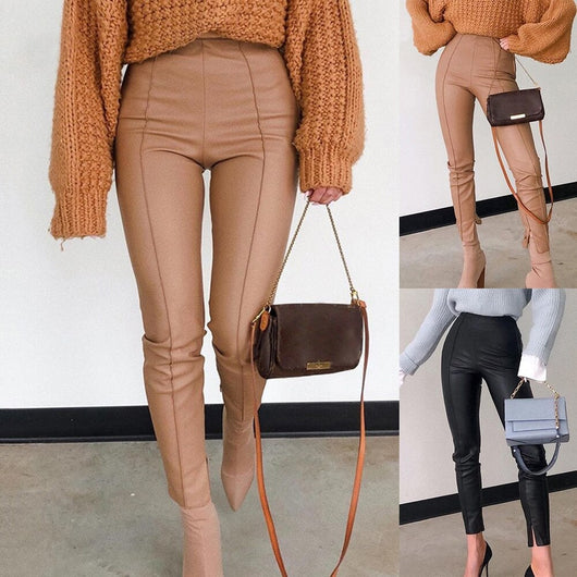 Pantalones de Cuero PU Khaki para Mujer - Diseño Casual con Cierre