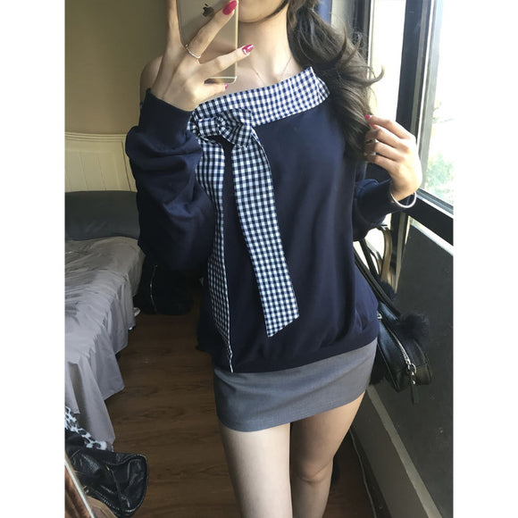 Blusa a Cuadros con Hombros Descubiertos y Manga Larga para Mujer