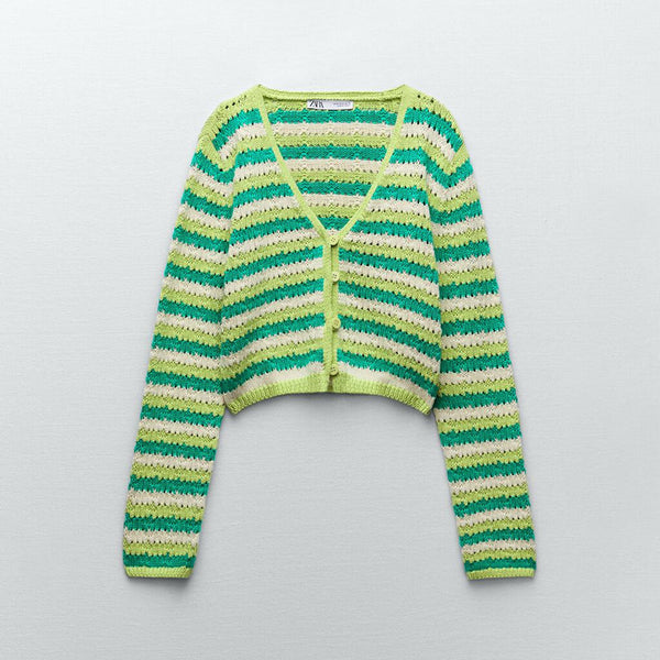 Cardigan Tejido Hueco con Rayas para Mujer - Manga Larga
