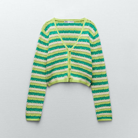 Cardigan Tejido Hueco con Rayas para Mujer - Manga Larga