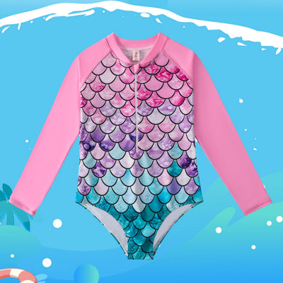 Traje de Baño Sirena Infantil de Manga Larga con Escamas