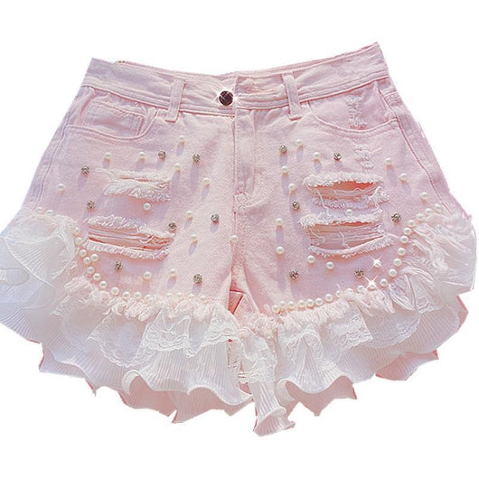 Shorts Anchos de Gasa con Encaje y Detalles Rotos