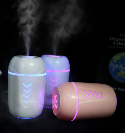 Light blue portable car humidifier with chevron pattern, white USB LED light, and white USB mini fan.