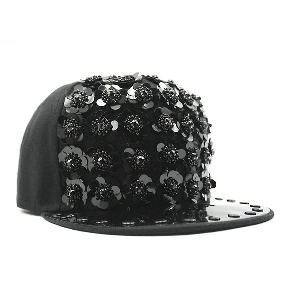 Gorra de Béisbol Hip Hop con Lentejuelas Florales y Visera Plana