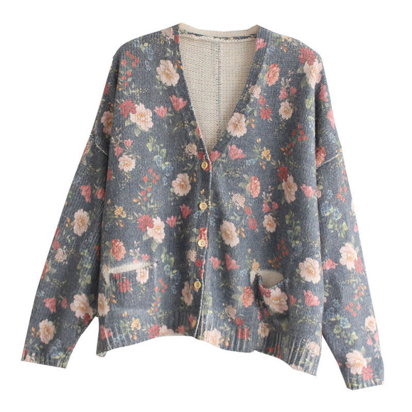 Cardigan Tejido con Estampado y Cuello en V de Manga Larga