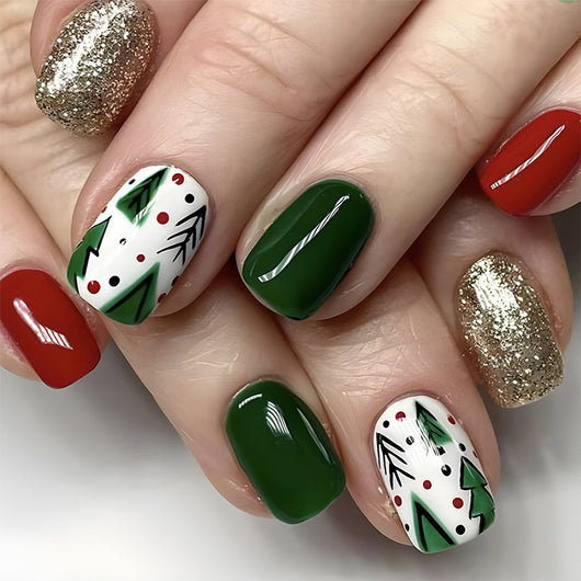 Set de 24 Uñas Postizas Navideñas con Diseños de Sombreros, Rayas y Copos de Nieve - Image 3