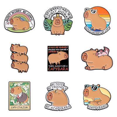 Cute capybara enamel brooch wearing a pink donut with sprinkles and "DONUT WORRY BE CAPPY" text. - Image 5