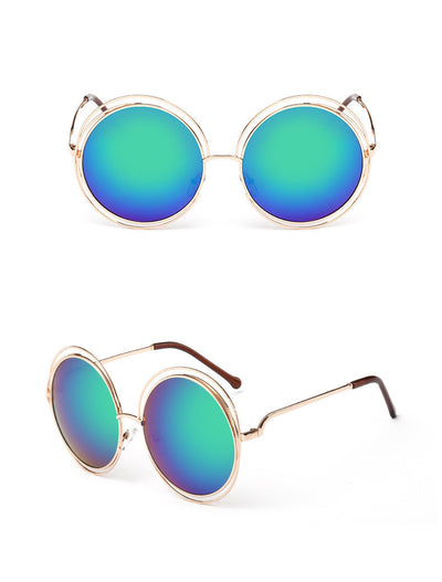 Round metal cutout sunglasses with silver mirrored lenses and a double-rimmed frame, shown from front and angled views. - Image 12
