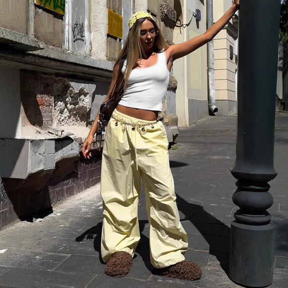 Pantalones Casuales Sueltos con Cordón Ajustable - Poliéster Liso para Mujer