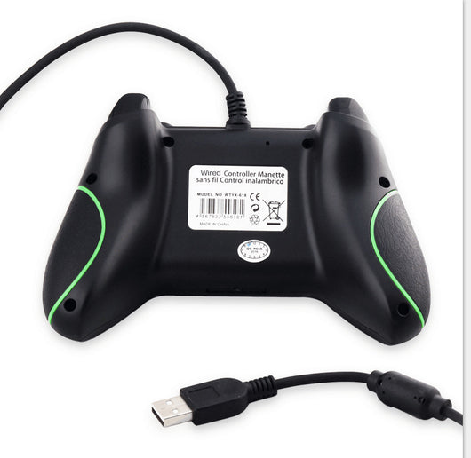Black wired USB game controller with green accents, two joysticks, and ABXY buttons, shown with USB, USB-C, and micro-USB adapters. - Image 4