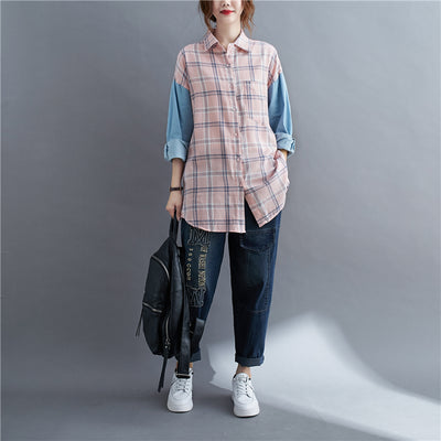 Camisa Oversized de Patchwork Manga Larga Suelta - Image 5