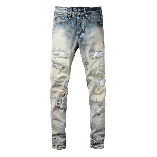 Pantalón Slim Fit Casual con Rotos y Parches Diamante para Hombre - Image 2