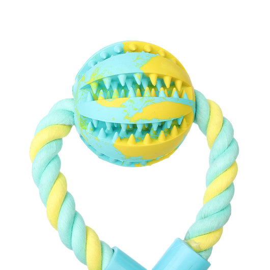 Yellow and light blue figure-eight rope dog toy with a light blue connector and a treat-dispensing rubber ball. - Image 9