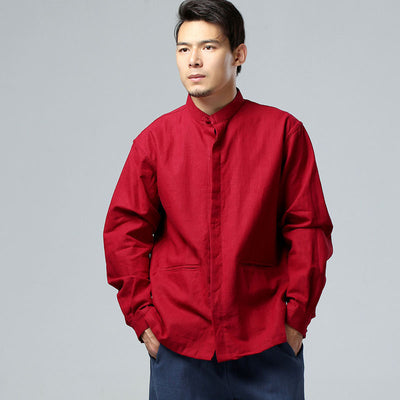 Camisa Suelta de Manga Larga con Cuello Alzado para Hombre