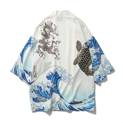 Kimono Hombre y Mujer Estampado Onda Ukiyo-e - Camisa Suelta Manga 3/4 Sección Ligera - Image 3