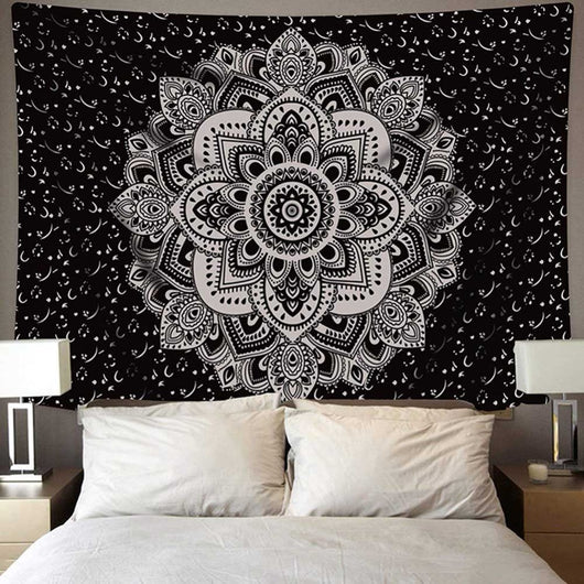 Black tapestry with white constellations and a large grey moon hanging above a bed in a bedroom. - Image 3