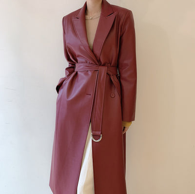 Abrigo Trench Coat de Cuero PU Doble Botonadura con Cuello de Traje - Image 4