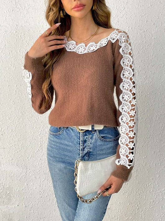 Suéter Elegante para Mujer con Paneles de Encaje y Hombros Descubiertos - Image 20