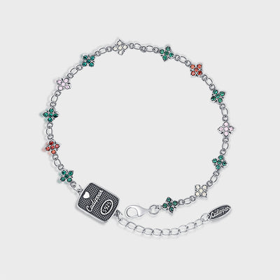 Pulsera Plata 925 Flor Cruz Zirconia Doble Cara Colorida con Dije Colgante