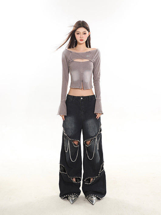 Jeans con Cadena de Remaches Hueca de Diseño Industrial - Image 9