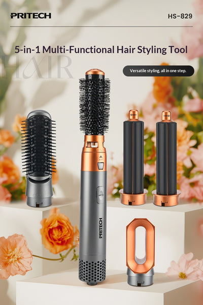 5-in-1 multifunctional hair styler with dark gray handle and rose gold accents, including hot air comb, curling wands, and paddle brush attachments, plus a blac - Image 8