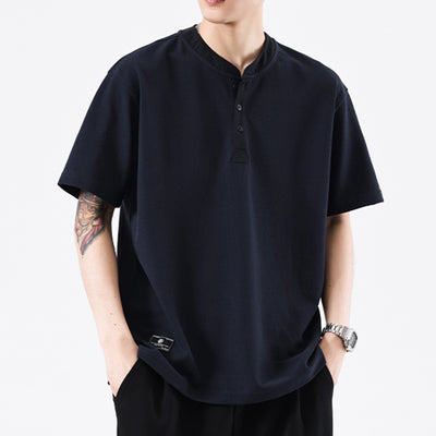 Playera Cuello Henley Básica de Color Sólido para Verano