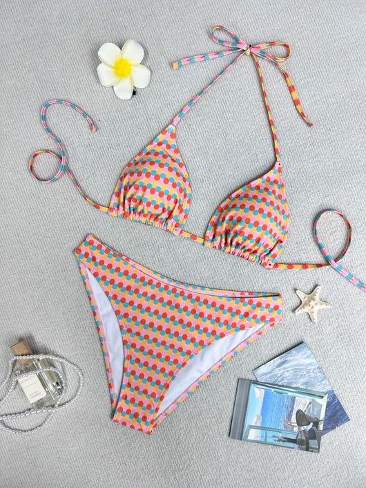 Colorful polka dot triangle-bra bikini swimsuit set with pink, yellow, orange, and blue dots. - Image 9