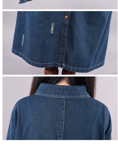 Abrigo Denim Tipo Trench Suelto Retro Desgastado Largo Medio - Image 13