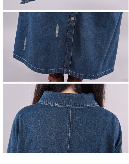 Abrigo Denim Tipo Trench Suelto Retro Desgastado Largo Medio - Image 13