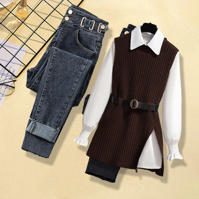 Conjunto de 3 Piezas: Chaleco Tejido, Camisa y Jeans para Mujer - Image 12
