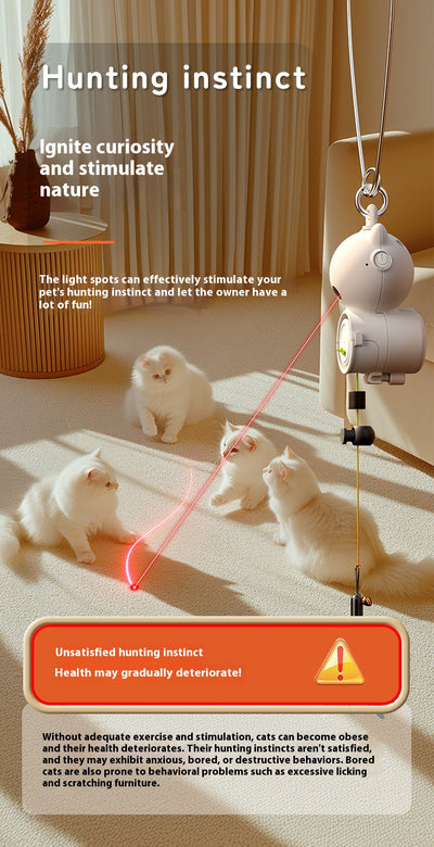 White retractable cat toy with a teal feather attachment hanging from a silver hook, designed for pet play. - Image 11