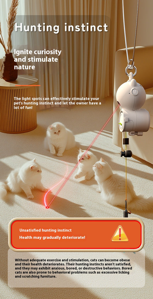 White retractable cat toy with a teal feather attachment hanging from a silver hook, designed for pet play. - Image 11