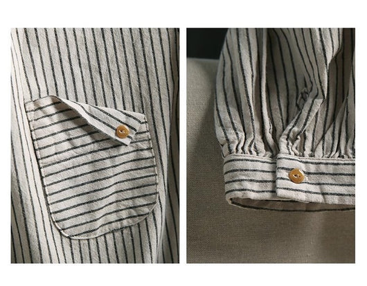 Blusa Retro de Lino y Algodón a Rayas con Diseño Artístico - Image 15