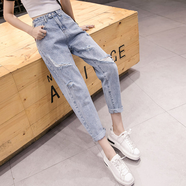 Jeans Rectos de Cintura Alta Holgados con Roturas para Mujer