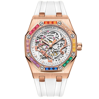 Reloj Automático para Hombre con Banda de Silicona Arcoíris y Diamantes - Image 4