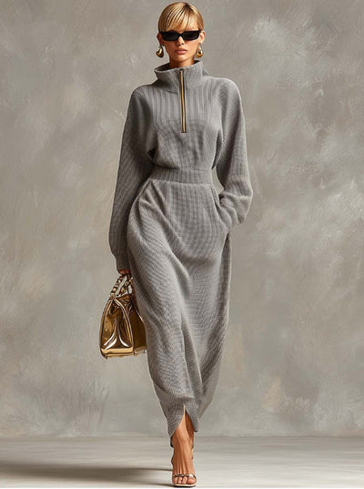 Vestido Casual Gris Claro con Cuello V, Manga Larga y Cierre Frontal - Image 11