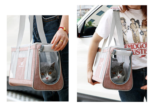 Navy blue portable pet carrier bag with mesh windows, top handles, and a side pocket for small dogs or cats. - Image 23